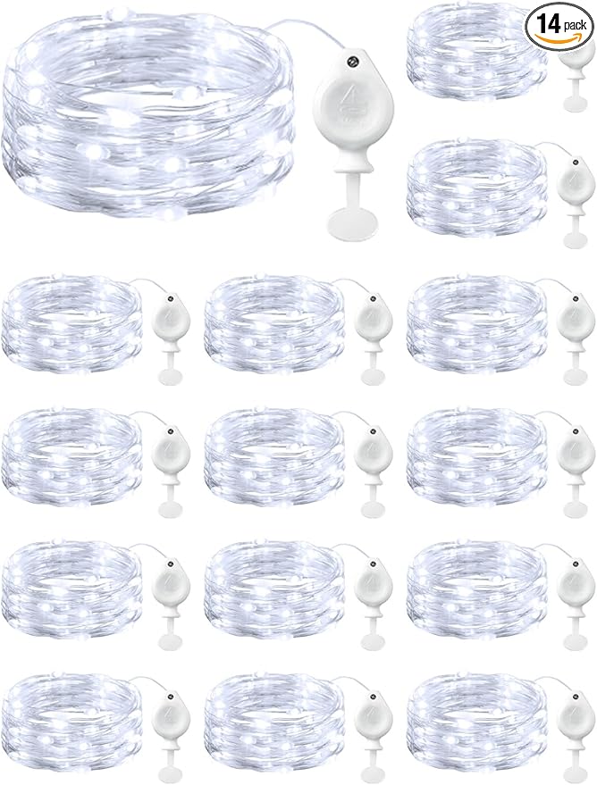 Brightown 14 Pack White LED Fairy Lights Battery Operated String Lights, 7ft 20LED Waterproof Silver Wire String Lights, Firefly Starry Moon Lights for Mason Jars DIY Christmas Wedding Party Bedroom