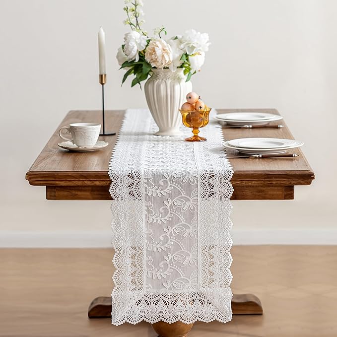 White Elegant Vintage Lace Table Runners,Wedding Lace Decor with Floral Embroidery,Tea Party Decor (White, 13.8X94.5 Inches)