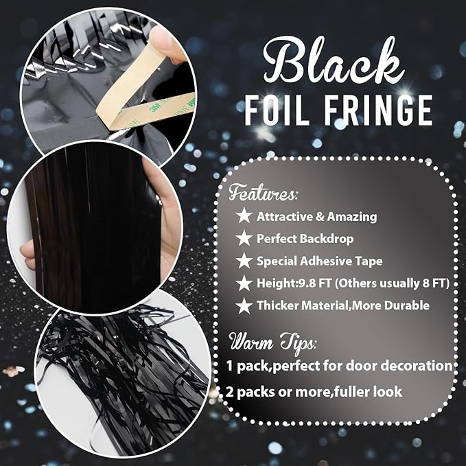 GOER 3.2 ft x 9.8 ft Metallic Tinsel Foil Fringe Curtains Party Photo Backdrop Party Streamers for Halloween,Birthday,Graduation,New Year Eve Decorations Wedding Decor (3 Packs,Black)