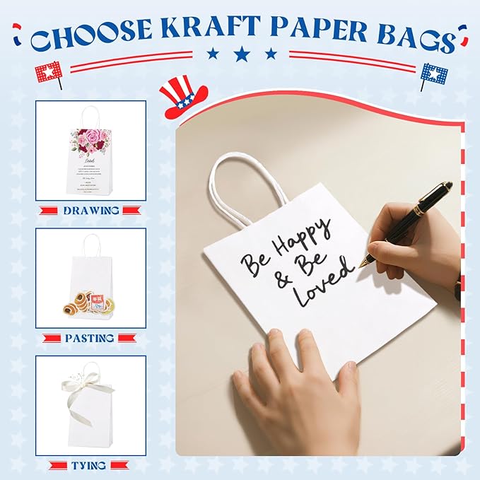 MESHA Gift Paper Bags 300 PACK 5.25x3.75x8'' White Small Shopping Kraft Bags Bulk with Handles Reusable for Business Grocery Birthday Wedding Kids Party Favors(Made in USA)