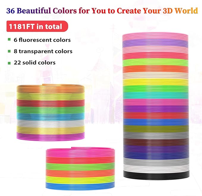 36 Colors 3D Pen Filament 1.75mm PLA, Each Color 32.8 Feet, Total 1181 Feet 3D Pen Filament Refills 3D Printing Pen Refills with High-Precision Diameter Not Compatible with 3Doodler Pen