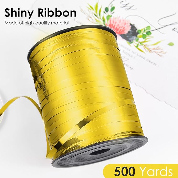Gold Ribbon, 500 Yard Shiny Metallic Iridescent Crimped Ribbon for Gift Wrapping, Balloons, Florist Flowers (1 Roll)