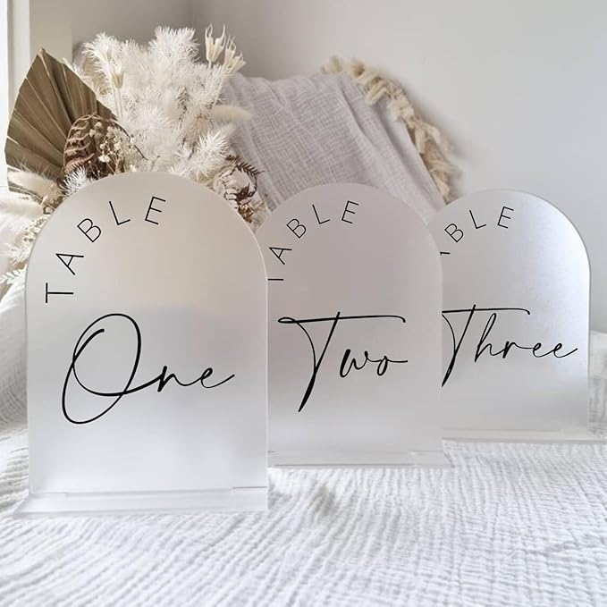 JINMURY Frosted Arch Wedding Table Numbers 1-10 with Stands, 5x7 Inch Frosted Arch Acrylic Sign with Black Letters, Arched Acrylic Table Numbers for Wedding Reception