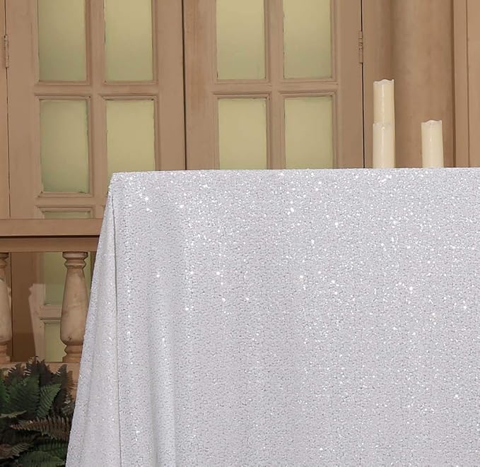 SquarePie Sequin Tablecloth 90 x 132 Inch White Sparkly Table Cloth for Wedding Party
