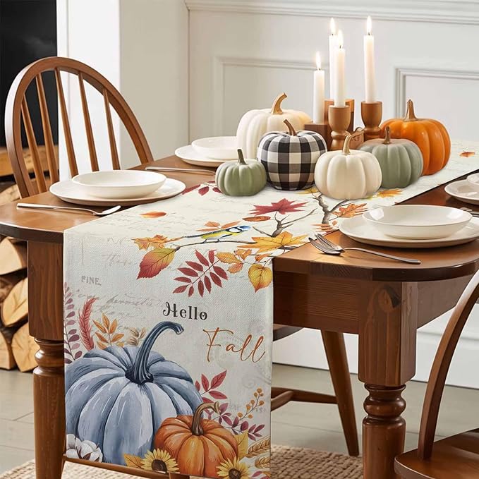 Thanksgiving Fall Cotton Linen Table Runner for Dining Kitchen, Blue Pumpkins Rustic Wedding Outdoor Party Autumn Tablerunners Decoration, Leaves Dresser Scarf Coffee Tablecloth Runners 13x72 Inches