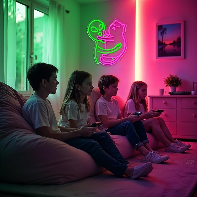 Alien Cat Neon Sign,Neon Signs for Wall Decor,LED Cat Alien Sign,Dimmable Neon Lights for bedroom,Man Cave,USB Powered Neon Light Sign,Cute LED Signs for Wall Decor,Alien Decor,Game Room