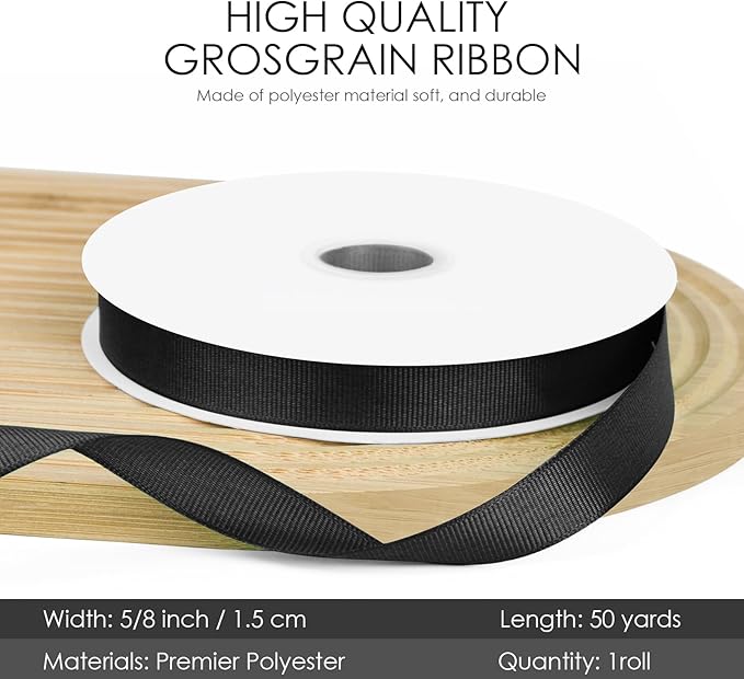 50 Yards 5/8 inch Grosgrain Ribbon, Solid Color Fabric Ribbon Perfect for Gift Wrapping, Wedding, Handmade Bows, Floral Bouquets and Party Decoration(Black)