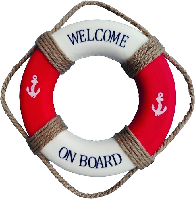 MorroMorn Lifebuoy Wall Hanging Decor - Welcome Aboard Mediterranean Style Home Decoration Hemp Rope (Red, 14")