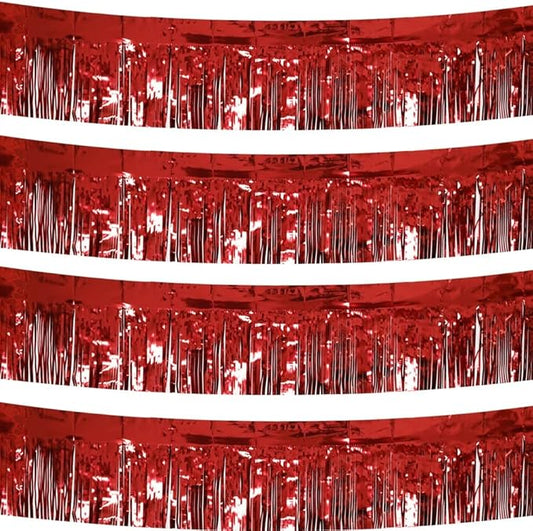 4 Pack Total 40 Feet Foil Fringe Garland Metallic Wall Hanging Drapes Tassel Skirting Tinsel Streamers Decorations for Parade Float Trailer Mardi Gras Party Birthday Wedding (Red)