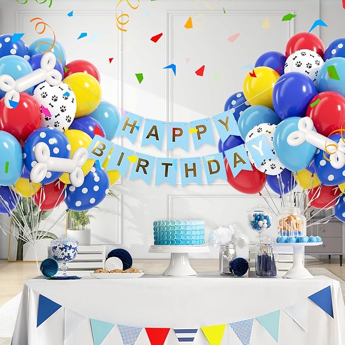 60pcs 12inch Dog Balloons, Royal Blue, Light Blue, Yellow, Red Paw Print for Puppy Dog Paw Birthday Party Decorations
