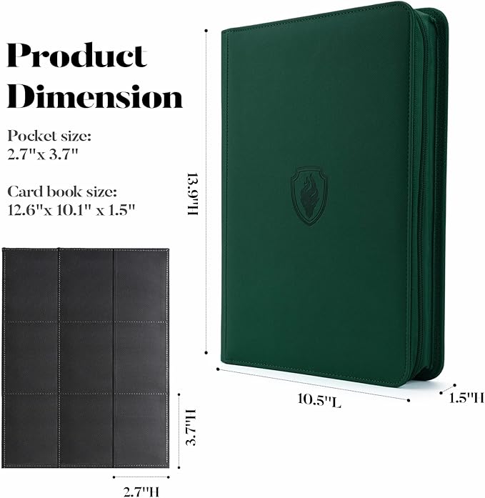 9 Pocket Zipper Card Binder, Fabmaker 360 Trading Card Holder Book, Premium PU Cover Zip Binder for Cards, Durable Side Loading Card Folders Album for MTG, TCG, Game Cards, Sports Cards, Dark Green