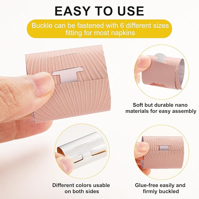 Polymer Material Reusable Napkin Band, Glue-Free Tear-Proof Water Resistant Oil-Proof Napkin Bands Set of 200(Front Rose Gold Color and Back Silver), 6 Adjustable Sizes Napkin Rings