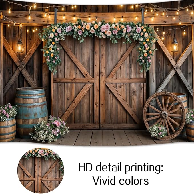 20x10ft Country Wedding Photography Backdrop Rustic Barn Door Photography Backdrop Farmhouse Pink Flower Cabin Wooden Birthday Baby Shower Wedding Bridal Party Banner Photo Booth Props Background