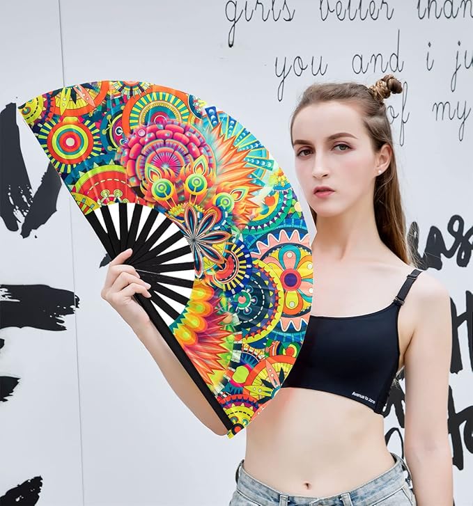 Amajiji Rave Folding Hand Fan Popping Fans for Line Dancing, Large Clacking Fans Clap Fan for Boots On The Ground Dance,Party,Decoration,Festival (Fantasy Flowers)