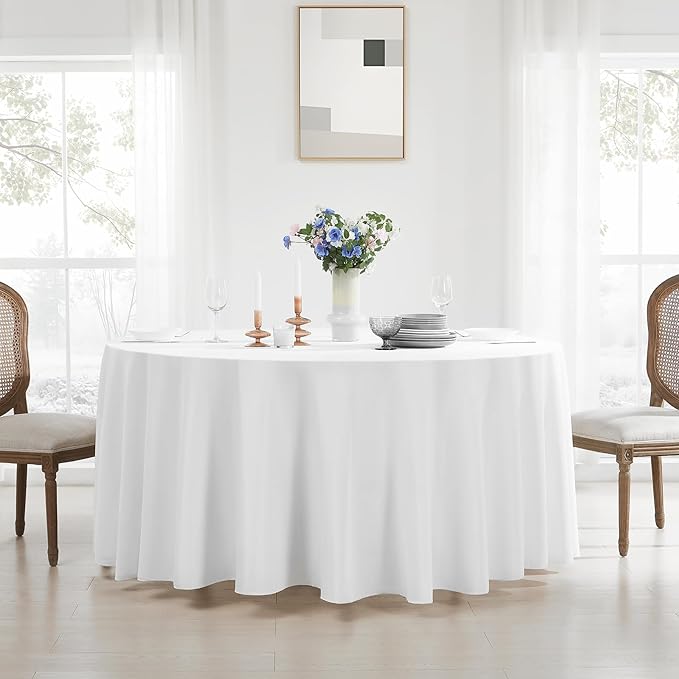 Round Tablecloth 120 Inch 6 Pack White Tablecloths Washable Decorative Linen Polyester Table Clothes Cover for Dining Table Banquets Buffet Parties and Wedding