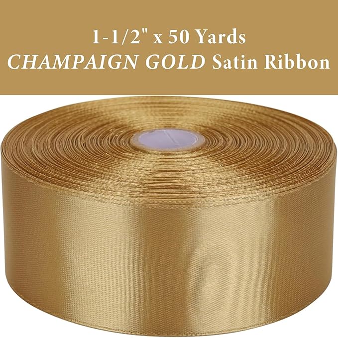 1-1/2" x 50 Yards Champaign Gold Satin Ribbon Single Faced Fabric Ribbons for Gift Wrapping, Crafting, Floral Arrangements, Flower Bouquet, Wedding, Home Decor