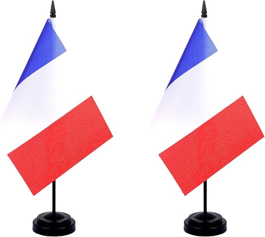 France Desk Flag 12" Solid Pole Deluxe Set French Flags Banner Mini Small France Office Table Flags with Black Stand Base Desktop Decorations(2Pack)