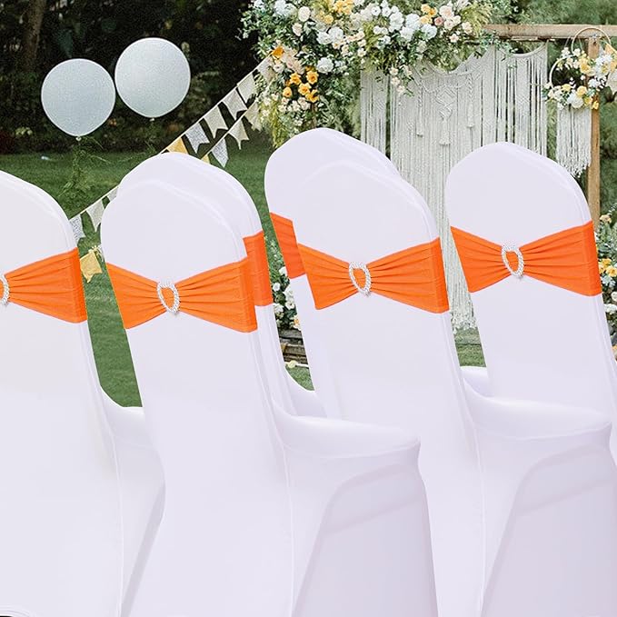 Howhic Pack of 60 Spandex Chair Sashes Bows Stretch Chair Cover Band with Buckle Slider Universal Elastic Chair Ties for Wedding Banquet Party Event Decoration (Orange)