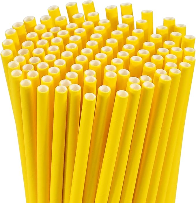 Solid Yellow Disposable Paper Drinking Straws 7.75 inch 100 Counts - for Beverage, Birthday, Party, DIY Arts Crafts