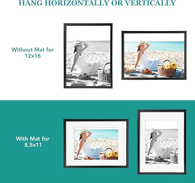 TWING 12 x 16 Picture Frames Set of 6, Display Pictures 8.5x11 with Mat or 12x16 Without Mat, Large Photo Gallery Wall Frame Set Wall Mounting Black Composite Wood