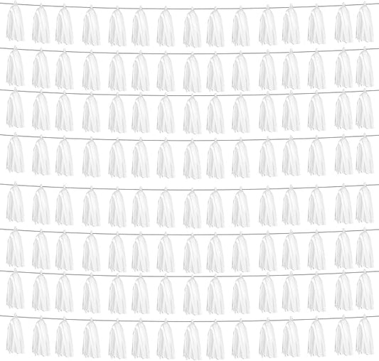 8P White Foil Fringe Metallic Tassel Streamers Banner Tassel Garland for Parade Floats, Graduation, Wedding, Birthday, Halloween, Christmas, Bridal/Baby Shower Party Decorations