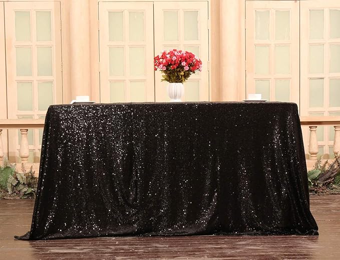 SquarePie Sequin Tablecloth 60 x 102 Inch Black Sparkly Table Cloth for Halloween Wedding Party