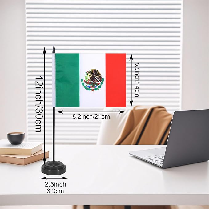 Mexico Desk Flag 12" Solid Pole Deluxe Set Mexican Flags Banner Mini Small Mexico Office Table Flags with Black Stand Base Desktop Decorations(2Pack)