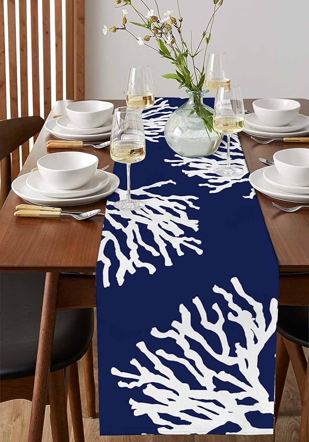 Coastal Coral Cotton Linen Table Runner for Dining Kitchen, Wedding Outdoor Party Tablerunners Decoration, Navy Blue Nautical Ocean Beach Dresser Scarf Coffee Tablecloth Runners 13x60 Inches