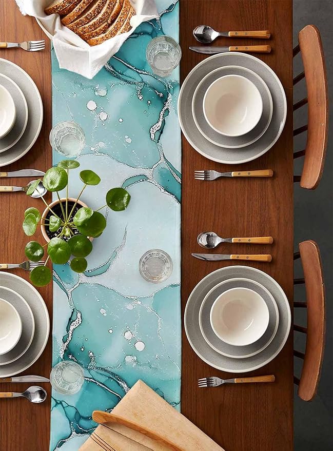 Turquoise Marble Cotton Linen Table Runner for Dining Kitchen, Wedding Outdoor Party Tablerunners Decoration, Nature Marble Crack Country Retro Dresser Scarf Coffee Tablecloth Runners 13x60 Inches