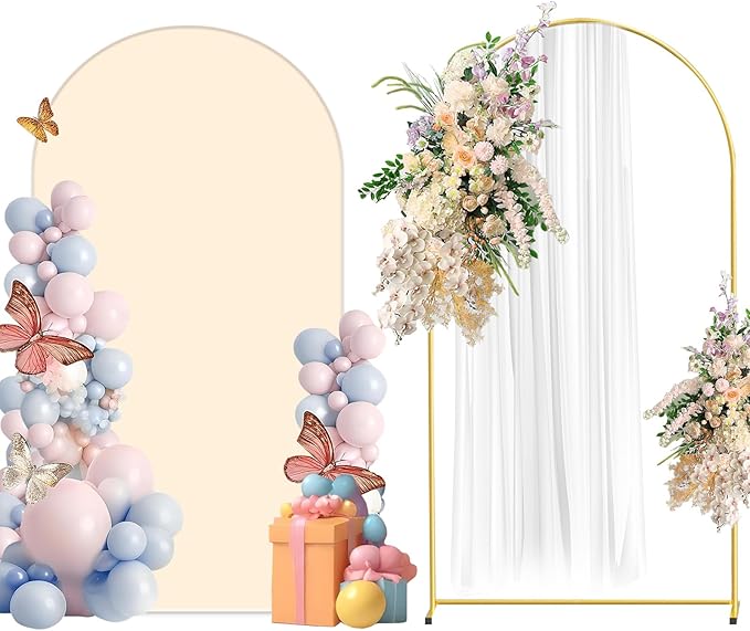 Metal Arch Backdrop Stand and Cover Set, 7.2FT Beige Reusable Spandex Fitted Backdrop Cover and Gold Wedding Arch Frame for Baby Shower, Birthday, Parties Decoration.