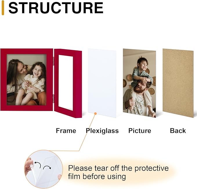 decorUhome Double 4x4 Picture Frame Vertical, Engineered Wood Bifold Photo Frame with Plexiglass for Tabletop Display, 4x4, Red