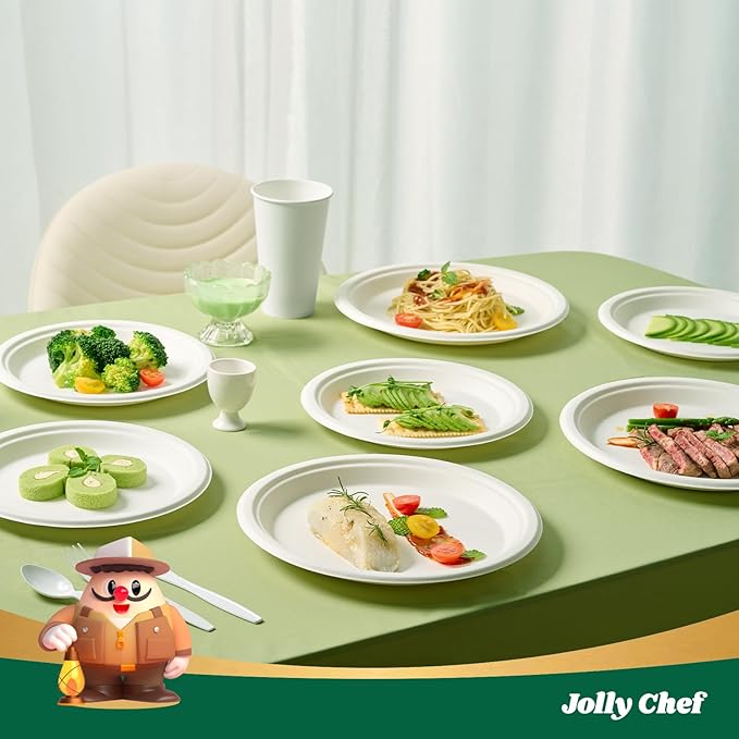JOLLY CHEF Compostable Heavy Duty Plates 𝟭𝟬 𝗜𝗻𝗰𝗵 [𝟯𝟬𝟬 𝗣𝗮𝗰𝗸] Eco-Friendly Disposable White Paper Plates Made of Bagasse Biodegradable Bulk for Party Dinner Sugarcane Fibers Round 300 Count