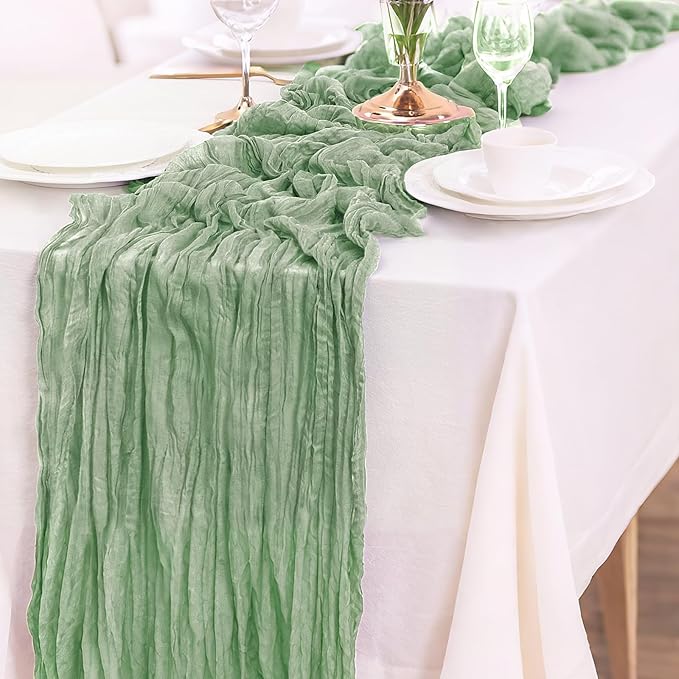 6-Pack Sage Green Cheesecloth Table Runners – 10FT (35x120 Inch) Boho Rustic Gauze Fabric Cheese Cloth Table Runner for Weddings, Baby Showers, Bridal Shower, Farmhouse & Birthday Party Decor