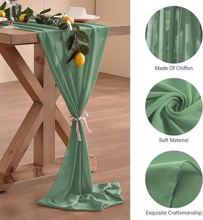 2 Pack 10 Ft Chiffon Table Runner Sage Green Gauze Long Table Runners 27x120 Inches Sheer Tulle Table Runner for Rustic Wedding Reception Bridal Shower Decorations Birthday Party