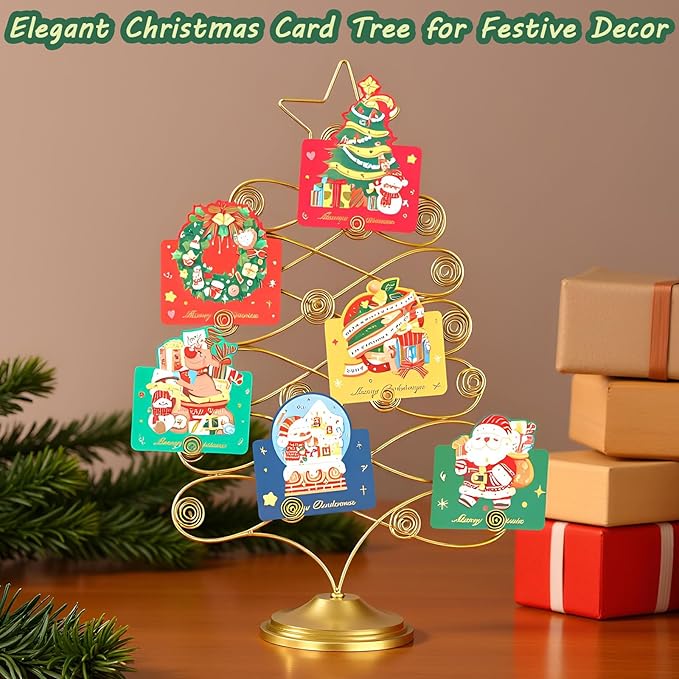 Christmas Tree Card Holder Tabletop, 18 Inch Gold Tree Holiday Card Display Stand, Metal Decorative Cards and Photo Holder Rack, Christmas Display Tree Stand Holds up to 19 Place and Gift Cards