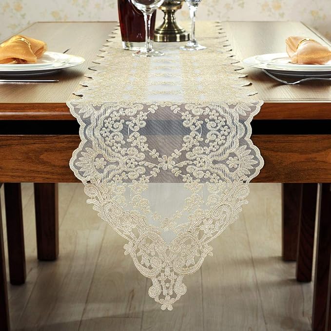 ARTABLE Rectangle Table Runner Lace Macrame Embroidered Table Runners with Exquisite Vintage Shabby Chic for Holiday Wedding Long Dinner Tables (Light Gold, 12 x 48 Inch)