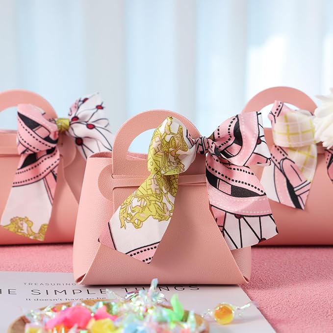 VGOODALL Small Gift Boxes with Bow Handle, Party Favor Boxes, 10 Pack, Pink, PU Leather for Wedding, Baby Shower, Birthday