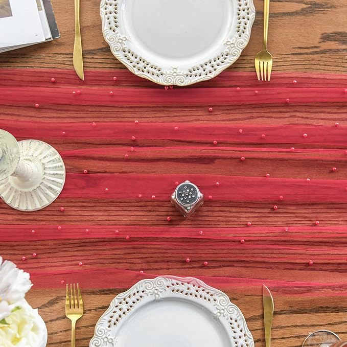 Artoid Mode Pearl Red Gauze Table Runner 120 Inch 10FT, Seasonal Sheer Dining Holiday Wedding Birthday Baby Shower Table Decor for Home Party