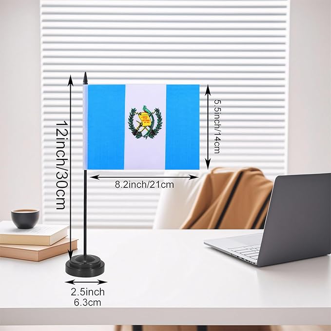 Guatemala Desk Flag 12" Solid Pole Deluxe Set Guatemalan Flags Banner Mini Small Guatemala Office Table Flags with Black Stand Base Desktop Decorations(2Pack)