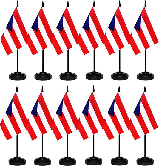 12 Pack Puerto Rico Desk Flags Set, Puerto Rican Small Mini Table Office Flags with 12" Solid Black Pole, 8.2 x 5.5 Inches, Home and Office Decoration, Festival Celebrations