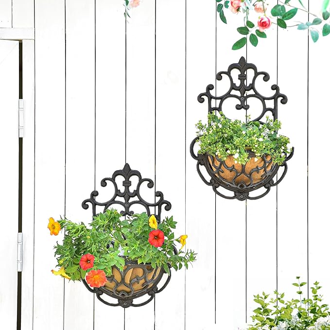 Sungmor 2 Pack Wall Hanging Planter Basket with Fabric Liner, Antique Victoria Style Cast Iron Wall Planter Holder, Outdoor Railing Fence Balcony Metal Hanging Basket Half Round Flower Pots