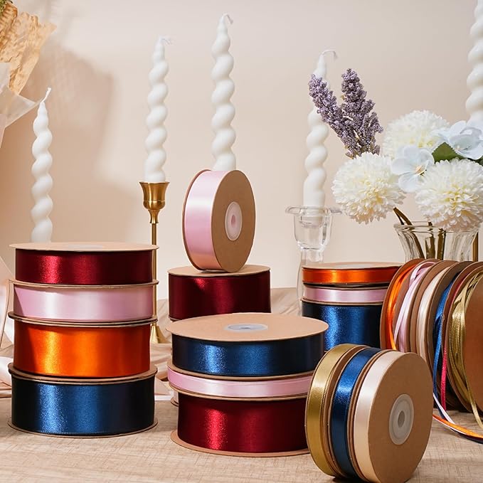 LaRibbons Gold Satin Ribbon 3/8 Inch 50 Yards Thin Luxury Double Faced Pale Gold Silk Ribbon for Flower Bouquet Crafts Gift Wrapping Wedding Christmas Decoration