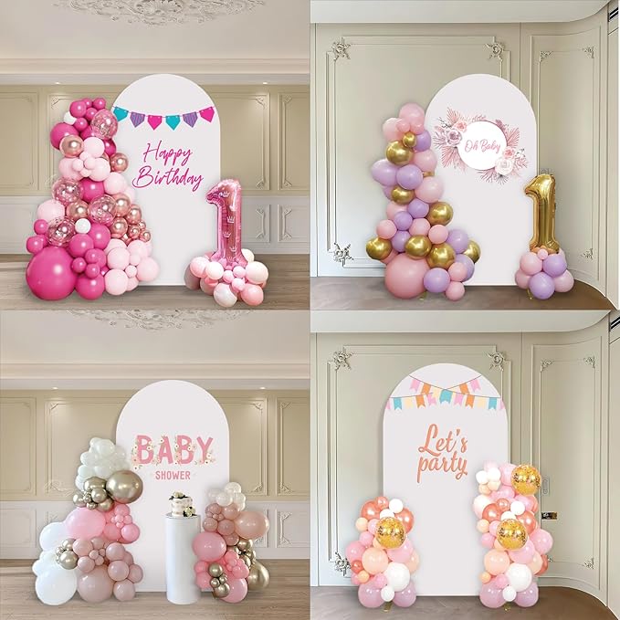 Metal Arch Backdrop Stand and Cover Set, 6FT White Reusable Spandex Fitted Backdrop Cover and Gold Wedding Arch Frame for Baby Shower, Birthday, Parties Decoration.
