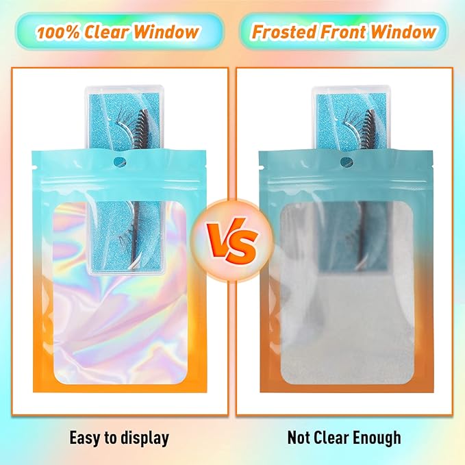 Funfery 100 Pcs Gradient Mylar Holographic Bags,Clear Window Smell Proof Foil Bag Sealing Resealable Bags with Zipper,Packaging Bag for Food Storage,Jewelry,Business Supplies(3.5×4.7in,Blue Orange)
