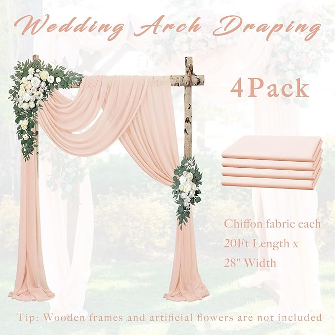 4 Panels 20Ft Length x 28" Width Light Peach Wedding Arch Draping Fabric Arch Drapes Chiffon Fabric Sheer Curtains Backdrop for Party Bridal Decorations Wedding Ceremony Ceiling Stage Reception Decor