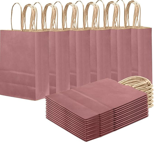 qiqee Dusty Rose Brown Gift Bag with Handles Bulk 24Pcs Paper Bags -8.3"x6"x3. 15" Party Favor Bags - Solid Color