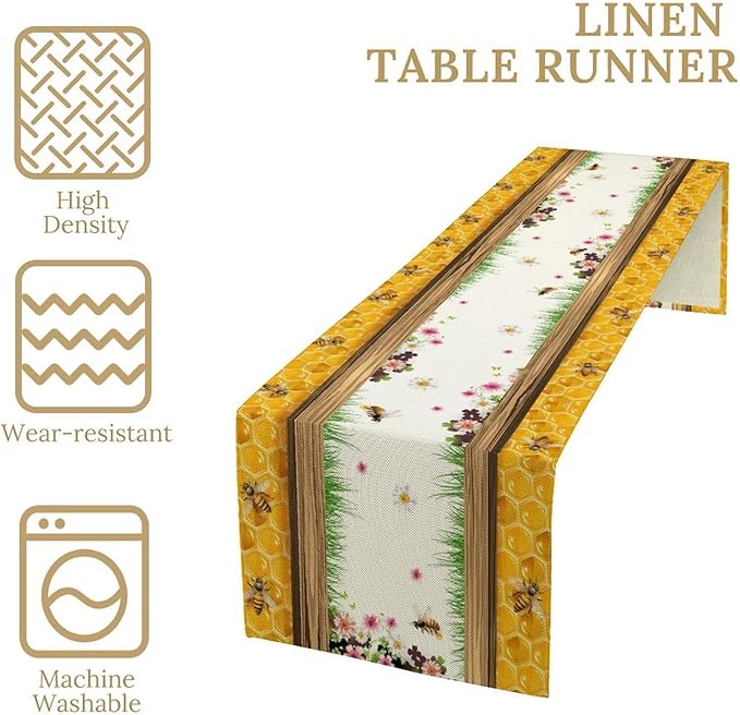 Watercolor Honeycomb Table Runner, Farmhouse Spring Summer Autumn Fall Floral Daisy Bee Print Kitchen Dining Table Decoration for Home Party Decor, 13x108inch