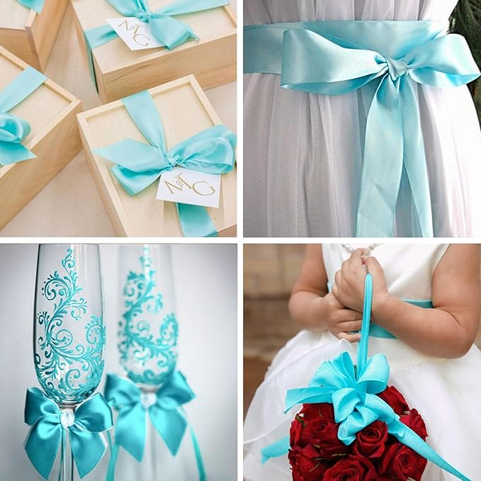 1 Inch Aqua Blue Satin Ribbon 50 Yards Solid Fabric Ribbons for Gift Wrapping, Crafts, Floral Arrangements, Wedding, Party, Holiday Decor