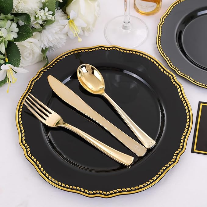 Hioasis 60pcs Black Plastic Plates - Black and Gold Disposable Dinnerware with Gold Rim, Heavy-duty, 7.5 inch, Dessert Plates for Party & Halloween