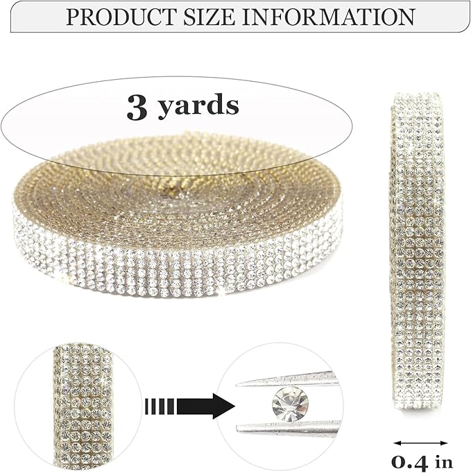 Rhinestone Ribbon 3 Yards Self Adhesive Rhinestone Strips Diamond Ribbon Sticker Crystal Roll Glitter Bling 2mm Rhinestones Tape for Crafting DIY Art Decoration (Silver,0.4 Inch)